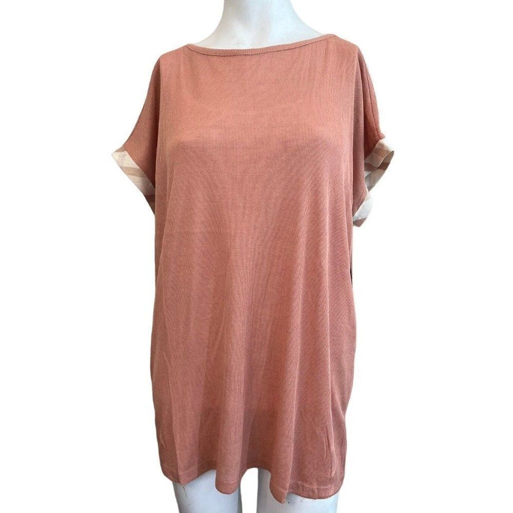 Doe & Rae Large Knit Short Sleeve Long Blouse Tunic Dusty Rose Creme Ribbed NWT